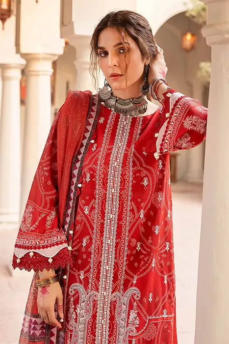 3PC Embroidered Lacquer Printed Lawn Unstitched Suit with Khaddi Net Dupatta and organza on neckline CN-320 (d)