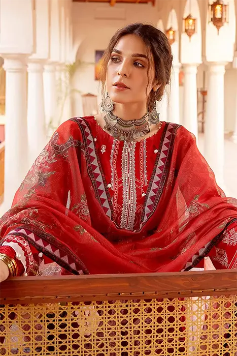 3PC Embroidered Lacquer Printed Lawn Unstitched Suit with Khaddi Net Dupatta and organza on neckline CN- (a)