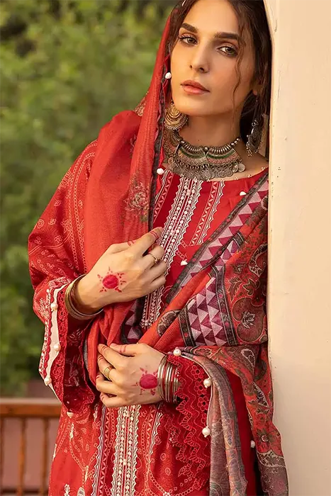 3PC Embroidered Lacquer Printed Lawn Unstitched Suit with Khaddi Net Dupatta and organza on neckline CN- (b)