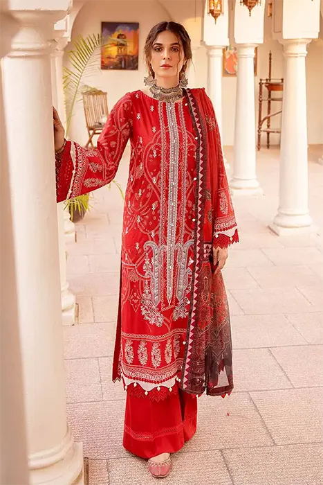 3PC Embroidered Lacquer Printed Lawn Unstitched Suit with Khaddi Net Dupatta and organza on neckline CN- ( c )
