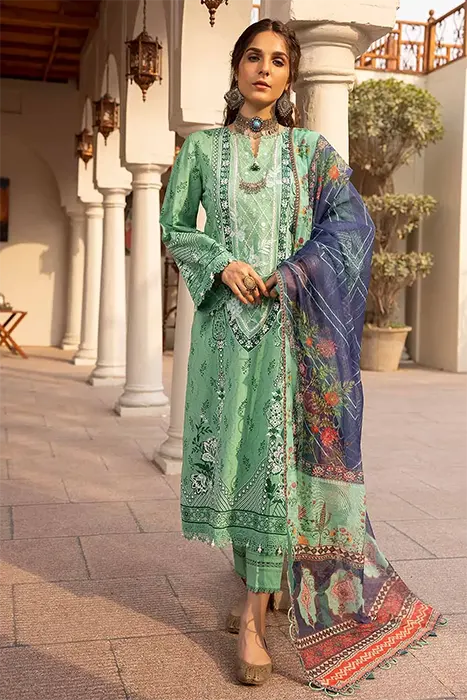 3PC Embroidered Lacquer Printed Lawn Unstitched Suit with Khaddi Net Dupatta & organza on CN-32016 (a)
