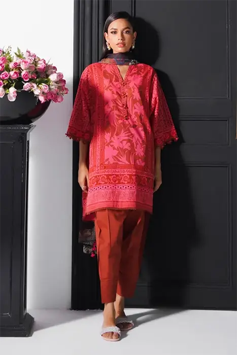 A Women Standing in Red Printed Paksitani Suit