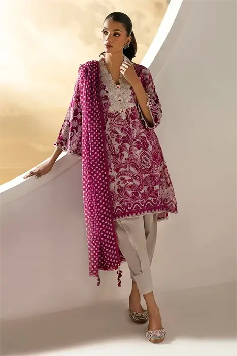 A beautiful pink printed Pakistani suit design by sana safinaz