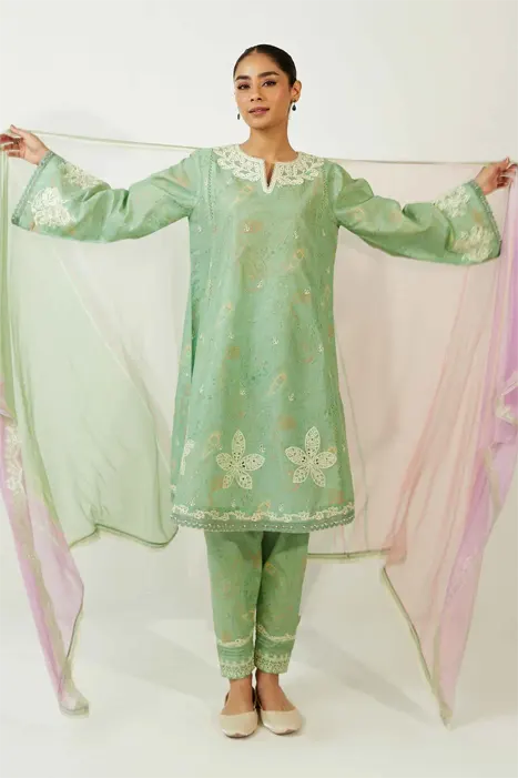 A green Suit by Zara Shahjahan Coco Lawn