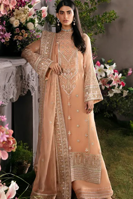Afrozeh Pakistani suit in bold colour