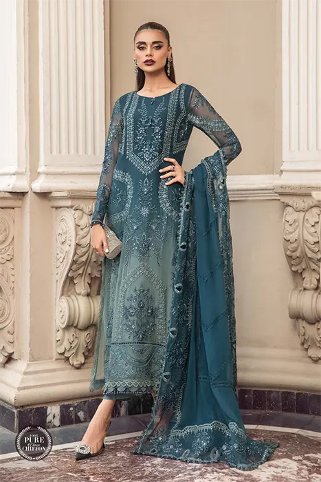 A Teal Blue Pakistani Suit by Maria. B Chiffon