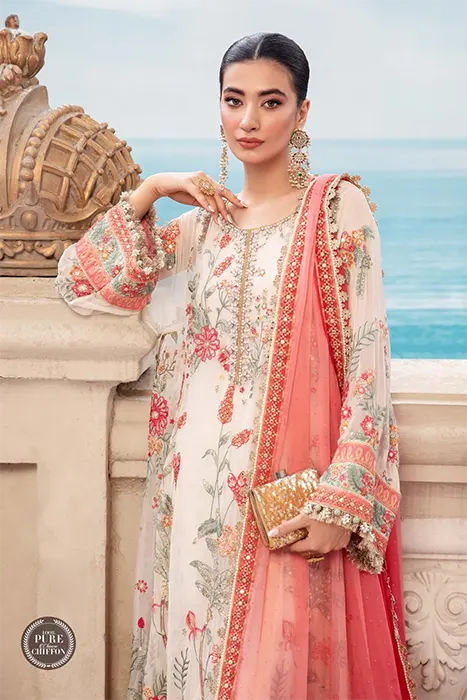 Maria B Chiffon Party wear Pakistani Suits Unstitched Chiffon MPC-23-106 Cloud White Floral b