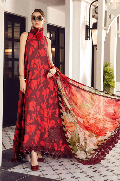 A Beautiful Red colour Pakistani suit by Maria B M Prints