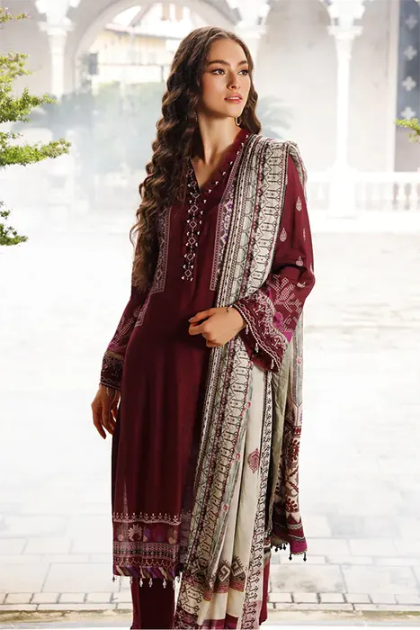 A Wine Colour Pakistani Suit by Nureh Gardenia