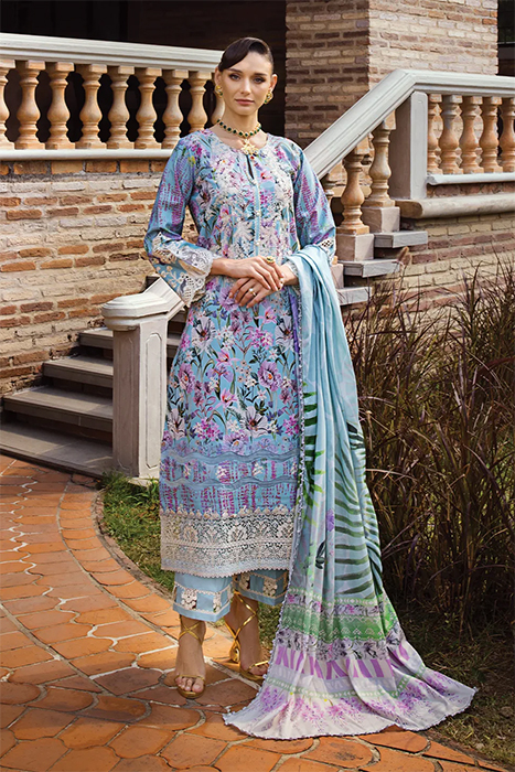 Elaf Print Chikankari 2024 Pakistani Summer Suits - ECT-03A OCEAN BLUE a